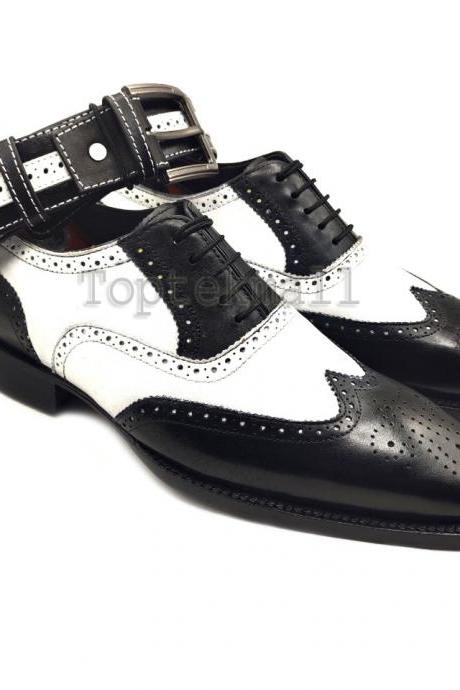 Handmade Men's Leather Oxfords Wingtip Spectator Lace-Up Dress Black & White Toe Cap Shoes-1