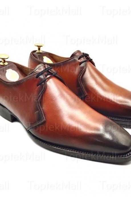 Handmade Men's Leather Stylish Brown Shade Dress Formal Wingtip Oxfords Lace Up Shoes-10
