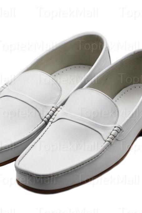 Handmade Men's Leather Stylish White Dress Formal Slip Ons Loafers Elegant Shoes-11