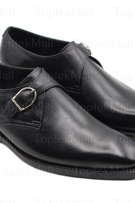Handmade Men's Leather Single Strap Stylish Black Dress Formal Elegant Monk Style Shoes-14