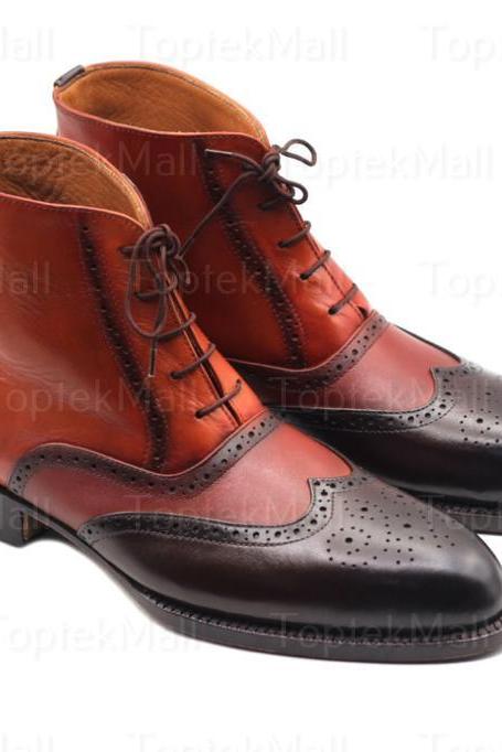 Handmade Men's Leather Ankle High Lace Up Stylish Blue Dress Formal Shoes Style Designer Boots -19