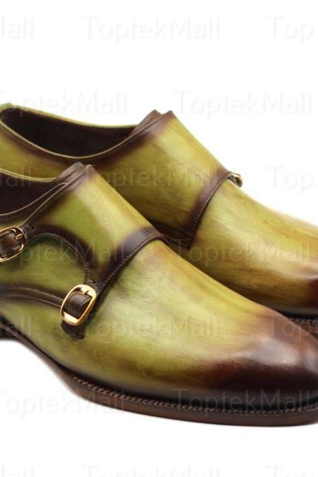 Handmade Men's Leather Monk Dress Green Shade Stylish Formal Style Designer Double Straps Shoes -25