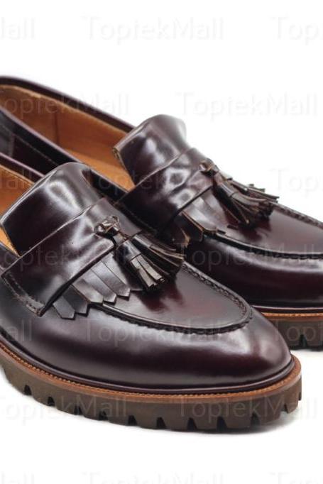 Handmade Men's Leather Dark Maroon Dress Loafers Slip Ons Tussles Stylish Formal Style Designer Shoes -27