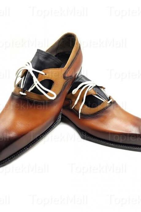 Handmade Men's New Cowhide Leather Oxford Two Tone Brown and Black Lace up Stylish Shoes-34