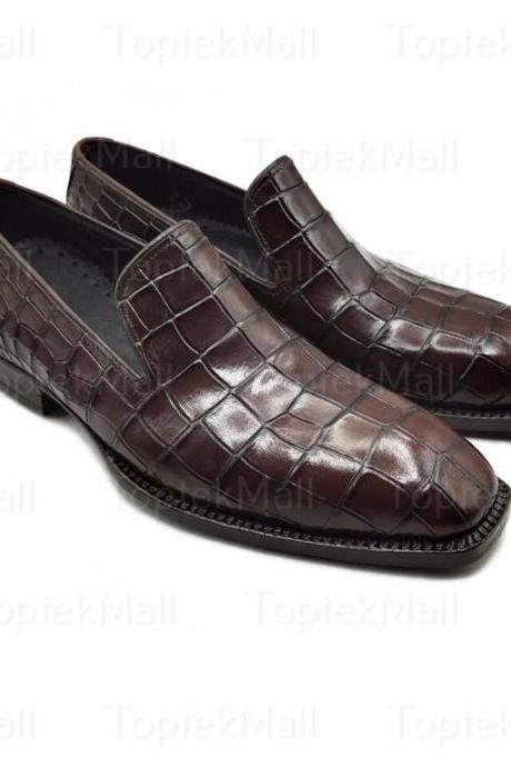 Handmade Men's Leather Dark Maroon Crocodile Skin Loafers Trendy Formal Designer Dress Slip Ons Shoes-35
