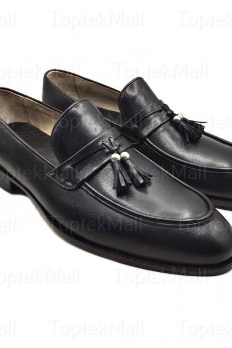 Handmade Men's Leather Black Stylish Unique Trendy Dress Formal Loafers Elegant Slip Ons Shoes-44