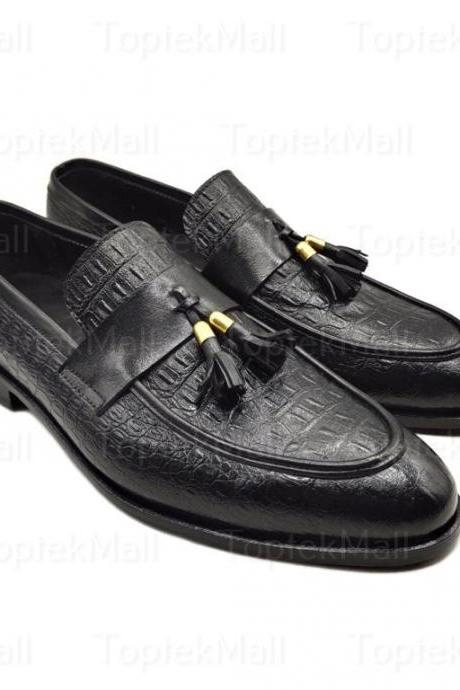 Handmade Men's Leather Black Stylish Trendy Dress Formal Loafers Designer Elegant Slip Ons Shoes-49