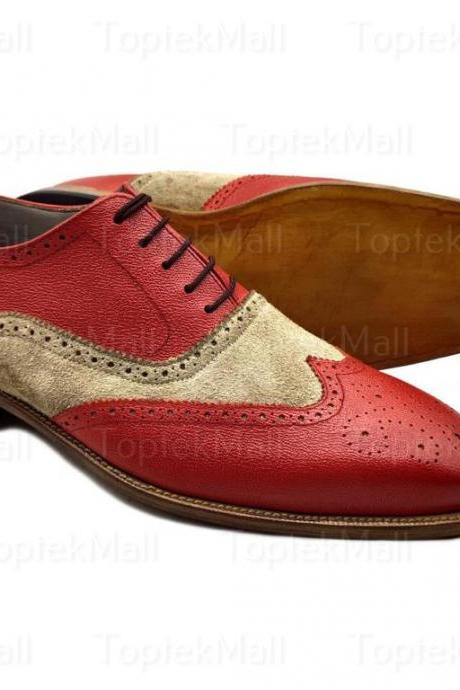 Handmade Men's Leather Red Stylish Trendy Dress Formal Two Tone Oxfords Elegant Wingtip Shoes-50