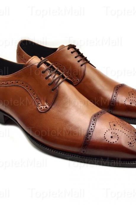 Handmade Men's Leather Brown Oxford Stylish Trendy Dress Formal Two Tone Wingtip Elegant Lace Up Shoes-52