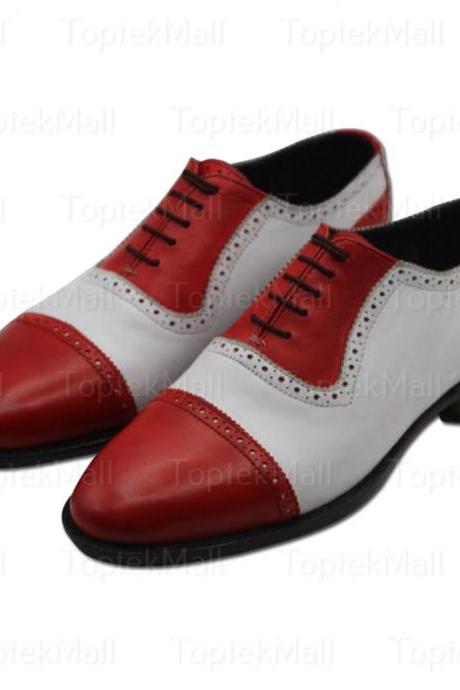 Handmade Men's Leather Red & White Stylish Trendy Dress Formal Two Tone Oxfords Wingtip Shoes-58