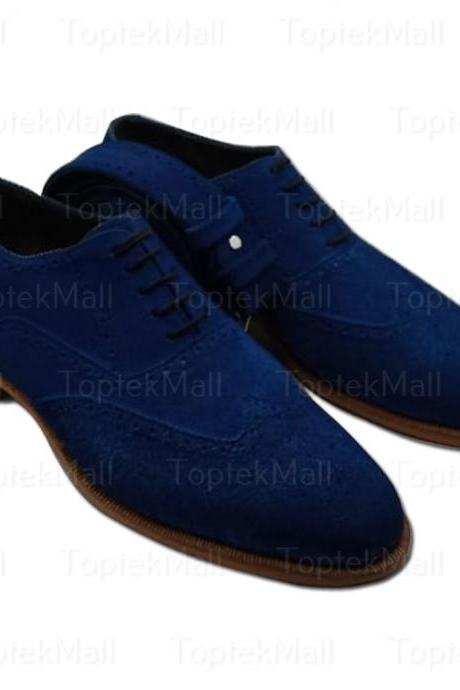 Handmade Men&amp;#039;s Leather Blue Coloured Wingtip Trendy Formal Designer Dress Oxfords Shoes-61
