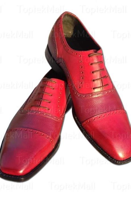 Handmade Men&amp;#039;s Leather Lace-up Dress Red Colour Stylish Formal Designer Style Shoes-63