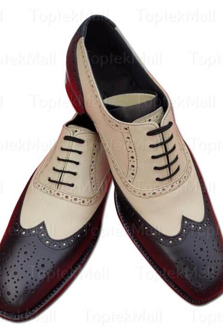 Handmade Men's Leather Stylish Trendy Dress Formal Two Tone Oxfords Elegant Wingtip Shoes-64