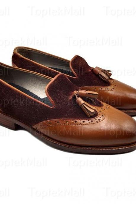 Handmade Women’s Leather Brown Stylish Unique Two Tone Dress Formal Loafers Elegant Slip Ons Shoes-47