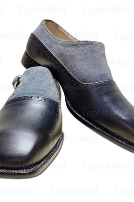 Handmade Men&amp;#039;s Leather Two Tone Grey &amp;amp; Balck Single Strap Monk Trendy Formal Designer Dress Shoes-66