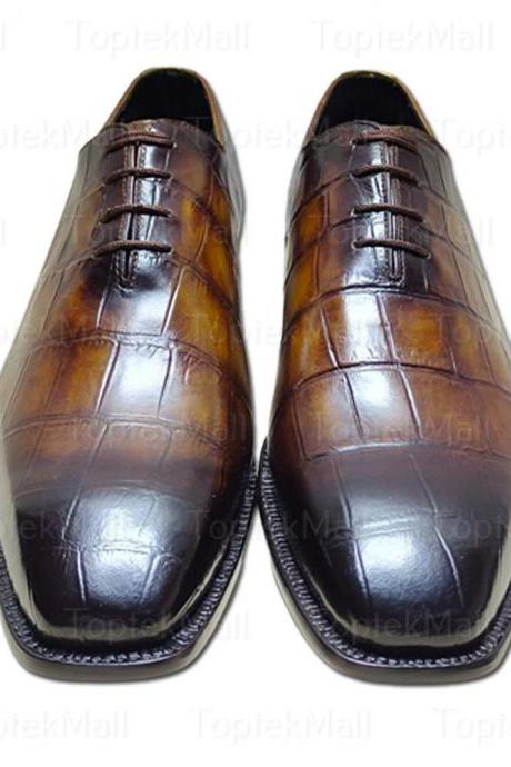 Handmade Men&amp;#039;s Leather Dark Maroon Crocodile Skin Oxford Trendy Formal Designer Dress Shoes-67