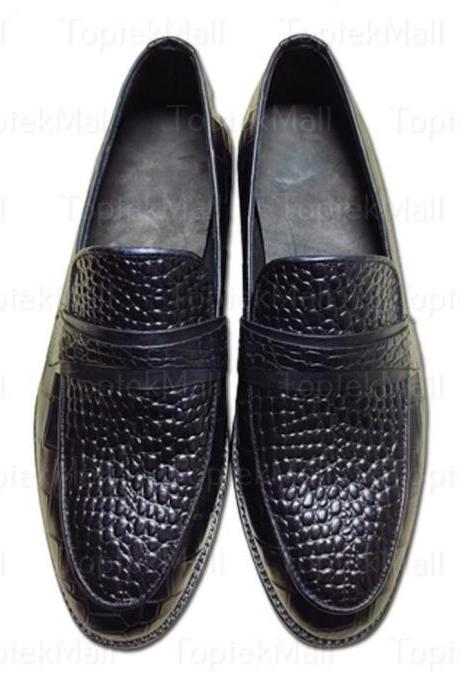 Handmade Men's Leather Black Dress Formal Crocodile Skin Loafers Elegant Trendy Slip Ons Shoes-69