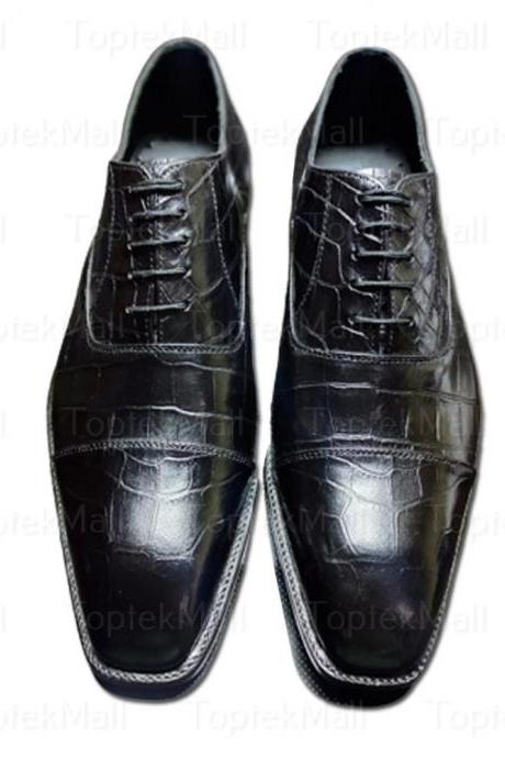 Handmade Men's Leather Lace-up Black Colour Trendy Formal Oxford Dress Crocodile Skin Shoes-70