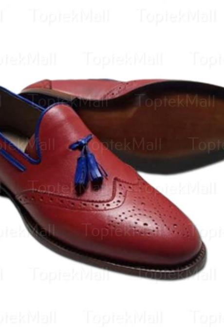 Handmade Men&amp;#039;s Leather Stylish Trendy Dress Maroon With Blue Tussel Oxford Elegant Wingtips Shoes-71