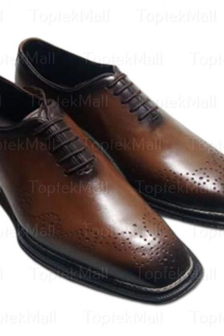 Handmade Men's Leather Brown coloured Dress Formal Two Tone Oxford Trendy Wingtips Shoes-72