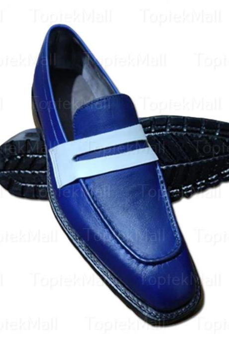 Handmade Men's Leather Blue and white Dress Stylish Formal Loafers with Style Designer Slip ons Shoes -73