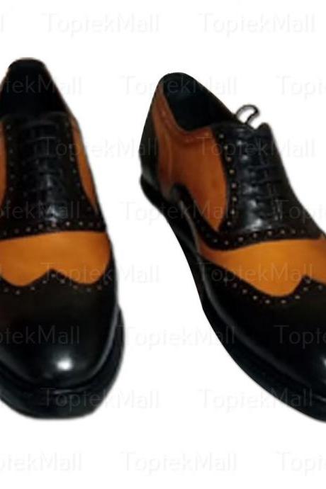Handmade Men's Leather Tan & Black coloured Dress Wingtips with Style Trendy Oxfords Shoes -74