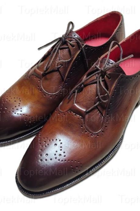 Handmade Men's New Cowhide Leather Oxford Two Tone Brown Wingtip Lace up Stylish Shoes-76