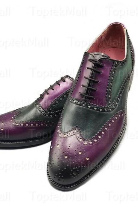 Handmade Men&amp;#039;s Leather Stylish Trendy Dress Formal Multicoloured Oxfords Wingtip Shoes-78