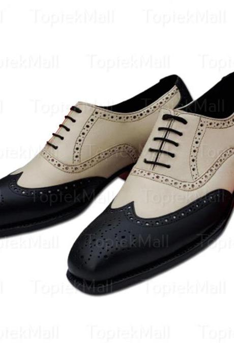 Handmade Men&amp;#039;s Leather Oxfords Wingtip Spectator Stylish Trendy Lace-up Dress Shoes-79