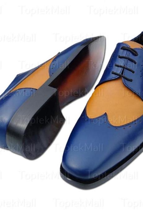 Handmade Men&amp;#039;s Leather Tan And Blue Stylish Trendy Dress Formal Two Tone Wingtip Oxfords Shoes-81