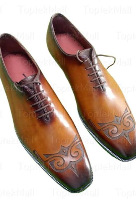 Handmade Men&amp;#039;s Leather Brown Stylish Dress Formal Wingtip Oxfords Elegent Designed Lace Up Shoes-83