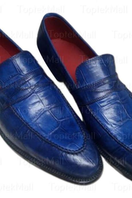 Handmade Men's Leather Stylish Blue Crocodile skin Loafers Slip Ons Dress Formal Shoes-85