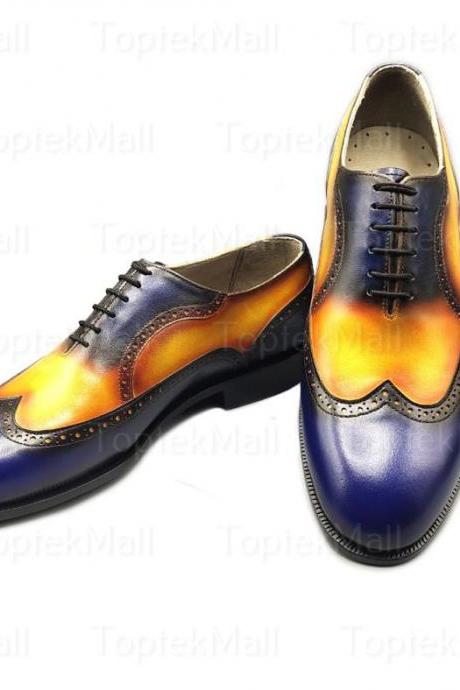 Handmade Men's Leather Dress Formal Two Tone Blue and Tan Coloured Designer Oxfords Wingtip Shoes-86