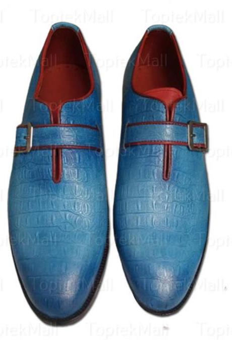 Handmade Men&amp;#039;s Leather Blue Single Strapped Monk Trendy Formal Crocodile Skin Designer Dress Shoes-87