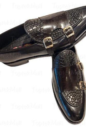 Handmade Men&amp;#039;s Leather Stylish Black Crocodile And Plain Skin Double Monkdress Formal Shoes-88