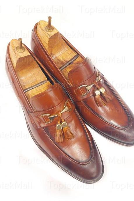 Handmade Men&amp;#039;s Leather Tussled Dark Brown Loafers Slip Ons Dress Formal Stylish Shoes-89