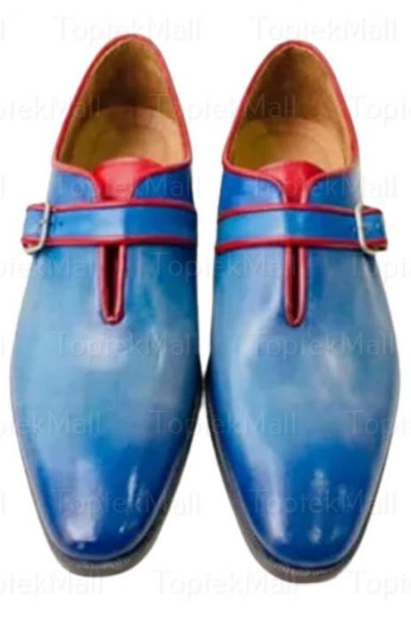 Handmade Men&amp;#039;s Leather Stylish Blue With Red Shade Single Monk Strap Dress Formal Shoes-90