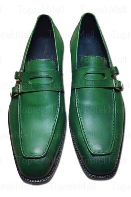 Handmade Men&amp;amp;#039;s Leather Green Coloured Stylish Dress Formal Double Monk Shoes -93