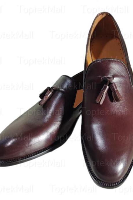 Handmade Men's Leather Stylish Tusseled Dark Maroon Loafers Slip Ons Dress Formal New Shoes-95