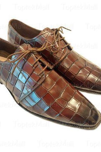 Handmade Men's Leather Stylish Brown Crocodile skin Wingtips Oxford Dress Designer Formal Shoes-96