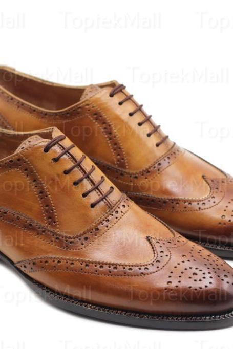 Handmade Men&amp;#039;s Leather Brown Stylish Dress Formal Wingtip Oxfords Lace Up Shoes-98