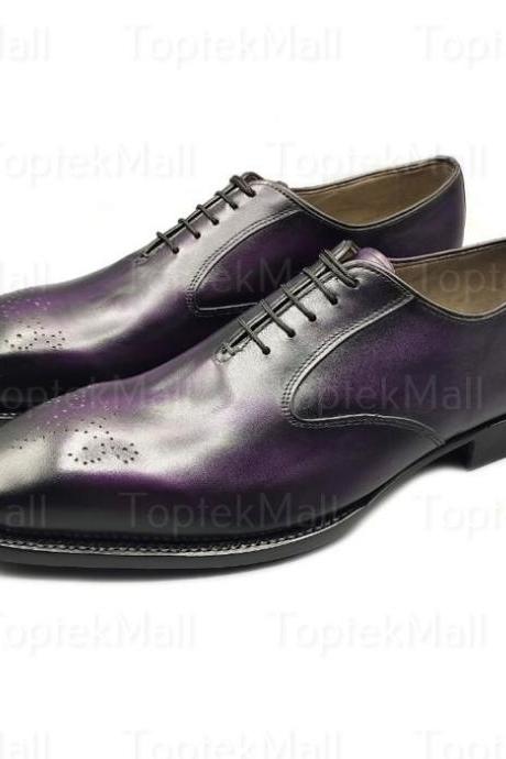 Handmade Men&amp;#039;s Leather Wingtip Dresss Purple Stylish Formal Style Designer Oxfords Shoes -100