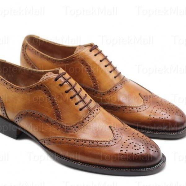 Handmade Men's Leather New Brown Stylish Dress Formal Wingtip Oxfords Lace Up Shoes-98